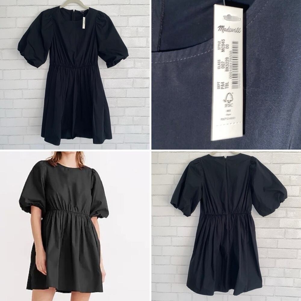 NWT Madewell Black Cotton Poplin Puff Sleeve Mini Dress size 00 New!